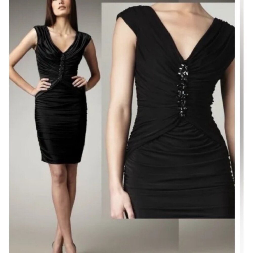 VTG Tadashi Shoji ruched embellished sheath dress black cocktail  sz M‎